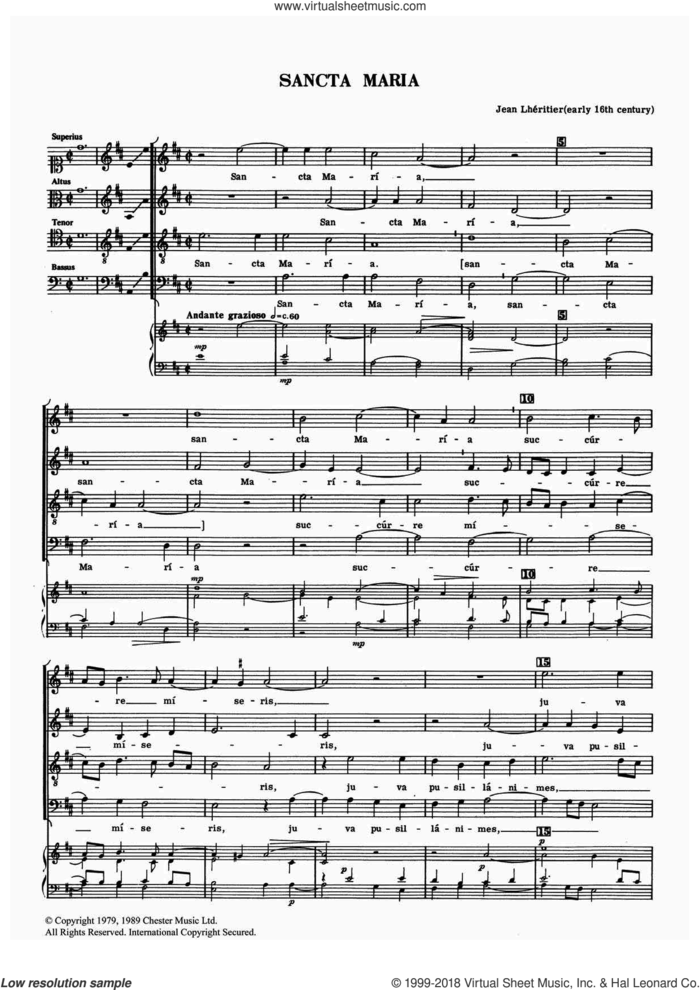 Sancta Maria sheet music for choir by Jean Lheritier, classical score, intermediate skill level