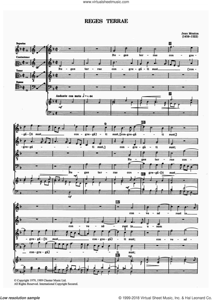 Reges Terrae sheet music for choir by Jean Mouton, classical score, intermediate skill level