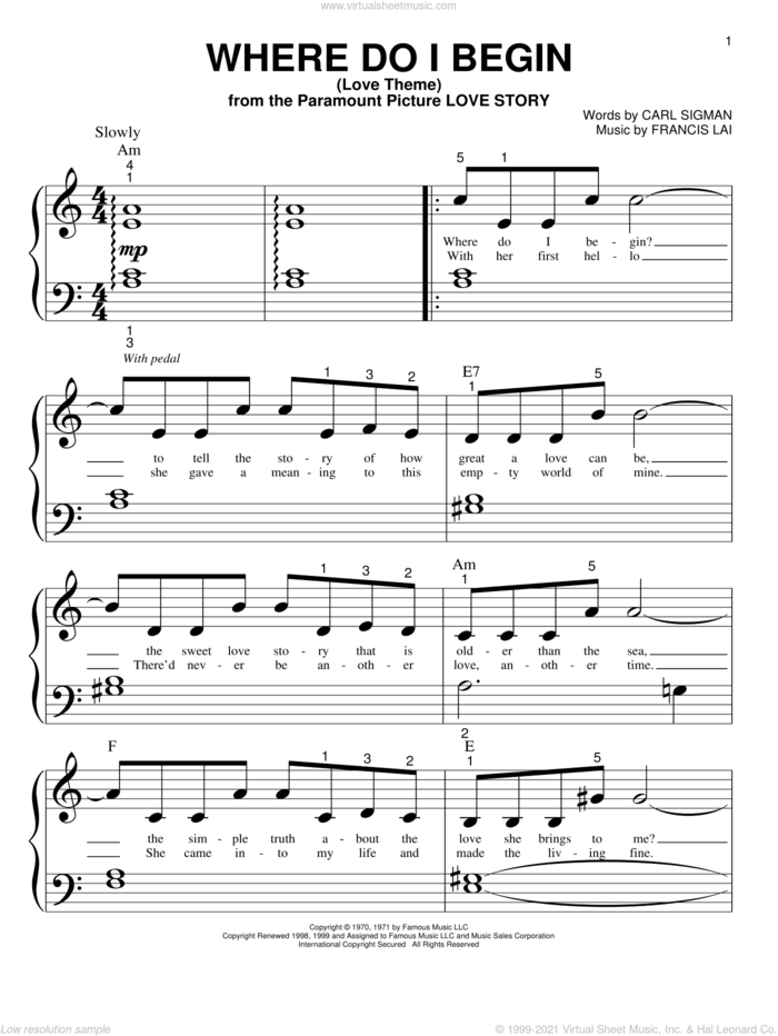 Where Do I Begin (Love Theme) sheet music for piano solo (big note book) by Andy Williams, Carl Sigman and Francis Lai, easy piano (big note book)