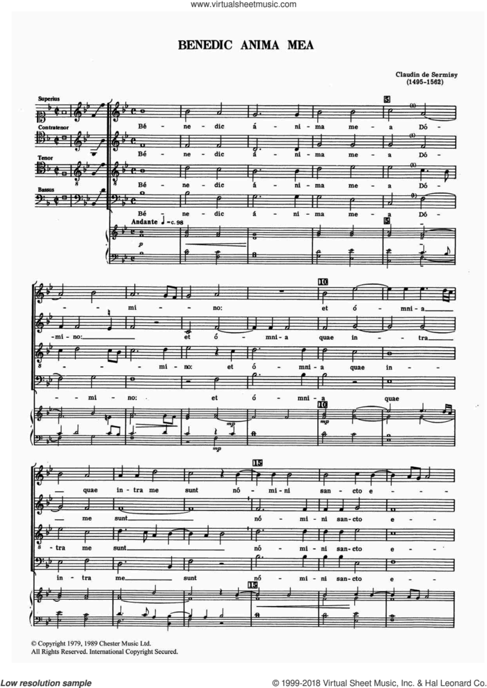 Benedic Anima Mea sheet music for choir by Claudin de Sermisy, classical score, intermediate skill level