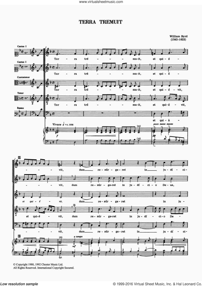 Terra Tremuit sheet music for voice, piano or guitar by William Byrd, classical score, intermediate skill level