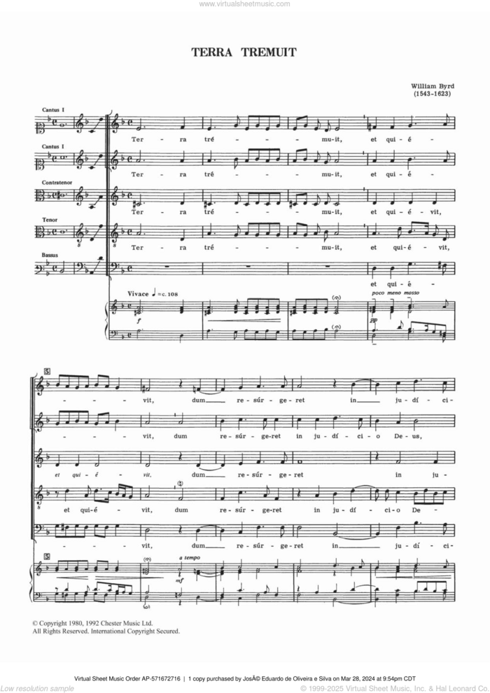 Terra Tremuit sheet music for voice, piano or guitar by William Byrd, classical score, intermediate skill level