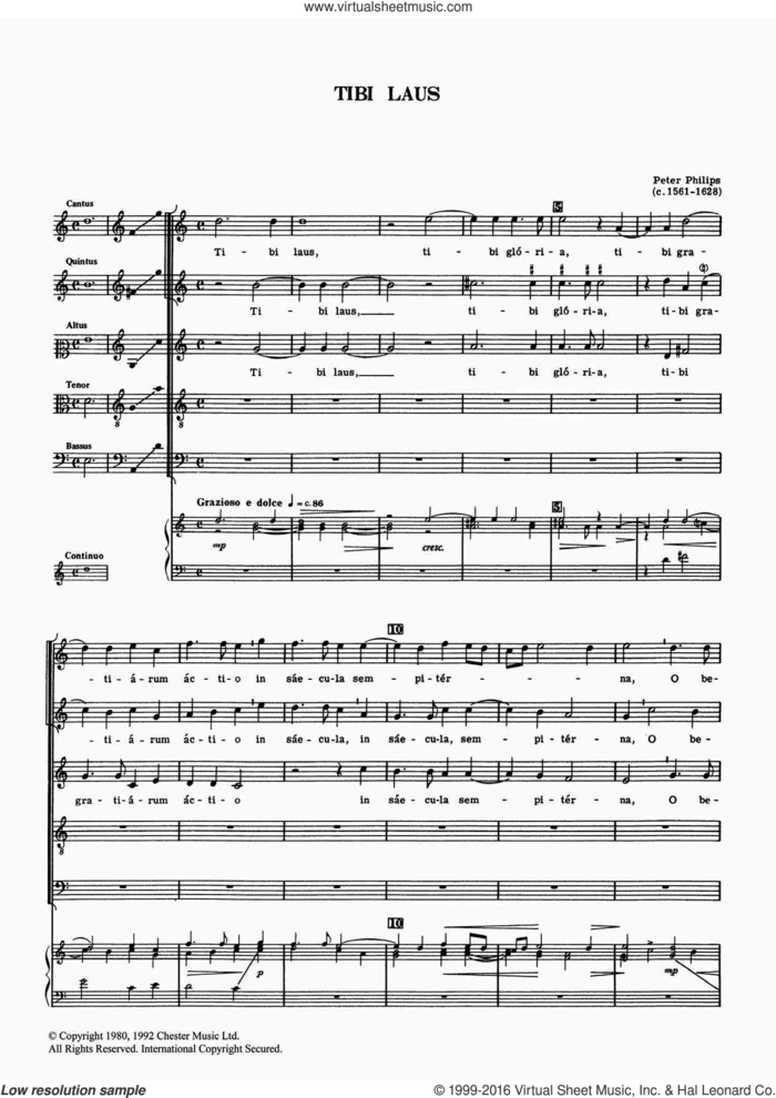 Tibi Laus sheet music for voice, piano or guitar by Peter Philips, classical score, intermediate skill level