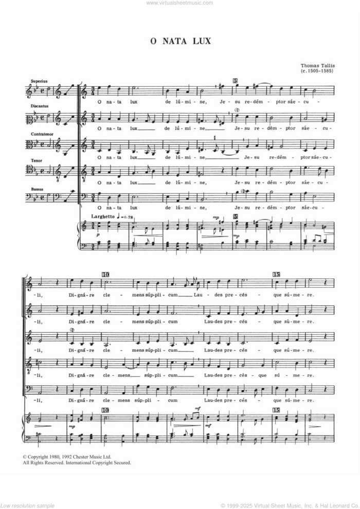 O Nata Lux sheet music for voice, piano or guitar by Thomas Tallis, classical score, intermediate skill level