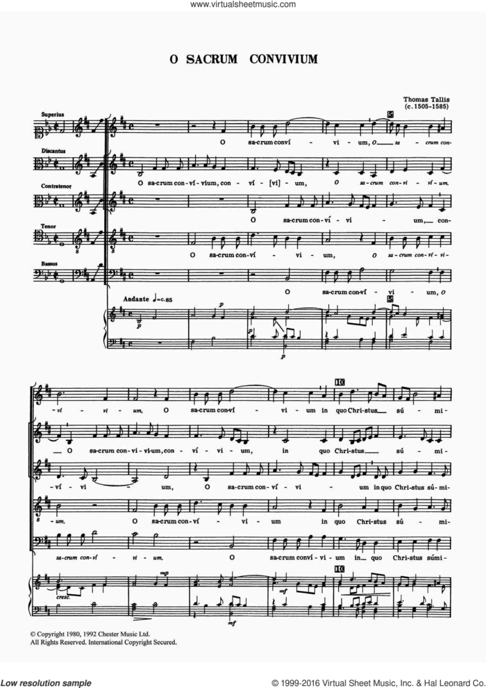 O Sacrum Convivium sheet music for voice, piano or guitar by Thomas Tallis, classical score, intermediate skill level
