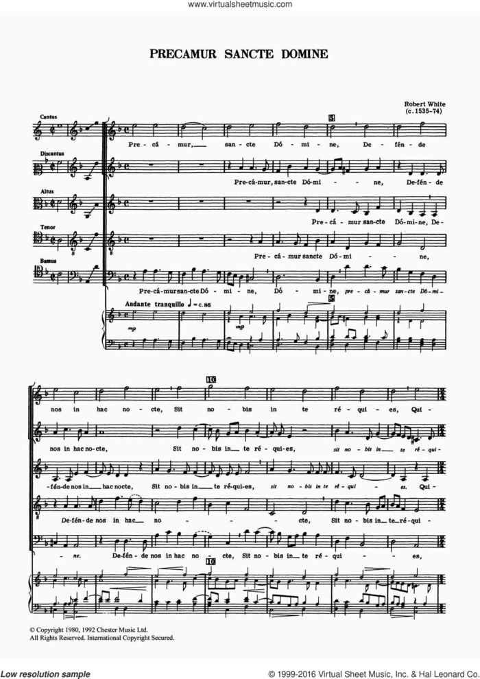 Precamur Sancte Domine sheet music for voice, piano or guitar by Robert White, classical score, intermediate skill level