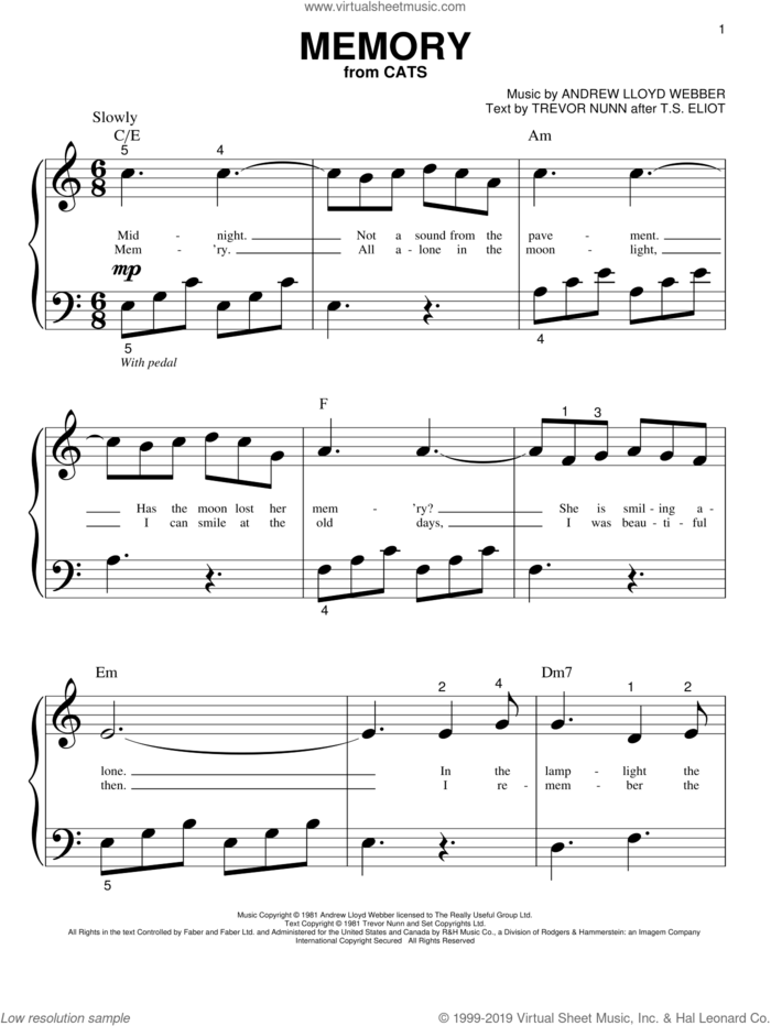 Memory (from Cats) sheet music for piano solo (big note book) by Andrew Lloyd Webber, Barbra Streisand, Cats (Musical), T.S. Eliot and Trevor Nunn, easy piano (big note book)