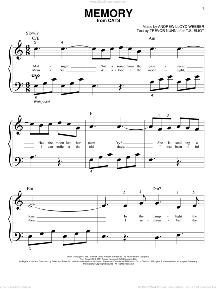 Memory (from Cats) sheet music for piano solo (big note book) by Andrew Lloyd Webber, Barbra Streisand, Cats (Musical), T.S. Eliot and Trevor Nunn, easy piano (big note book)