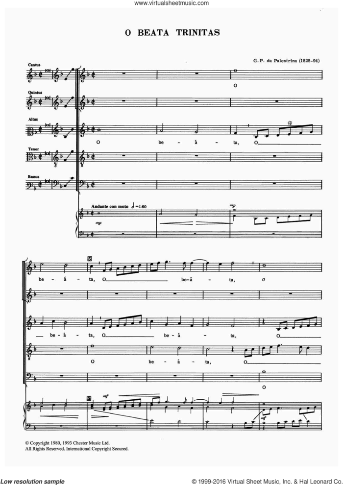O Beata Trinitas sheet music for voice, piano or guitar by Giovanni Palestrina, classical score, intermediate skill level