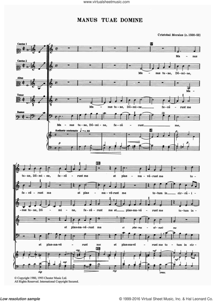 Manus Tuae Domine sheet music for voice, piano or guitar by Cristobal Morales, classical score, intermediate skill level
