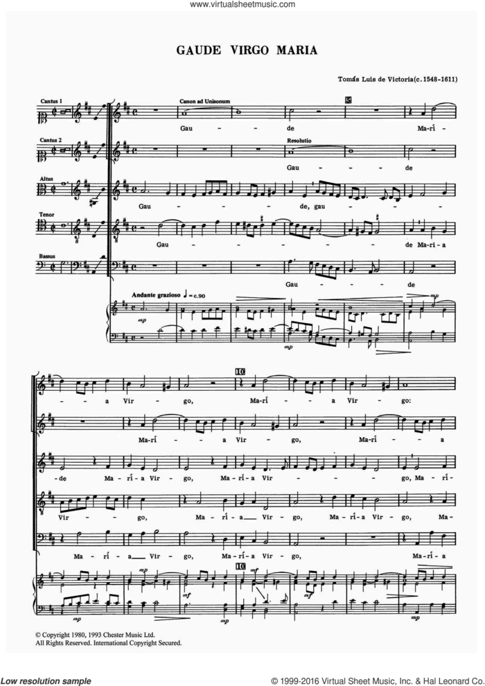 Gaude Virgo Maria sheet music for voice, piano or guitar by Tomàs Luis de Victoria and Tomas Luis De Victoria, classical score, intermediate skill level