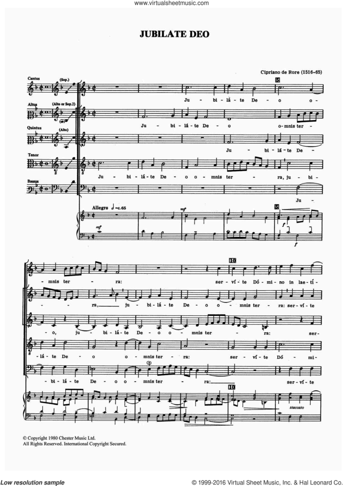 Jubilate Deo sheet music for voice, piano or guitar by Cipriano de Rore, classical score, intermediate skill level