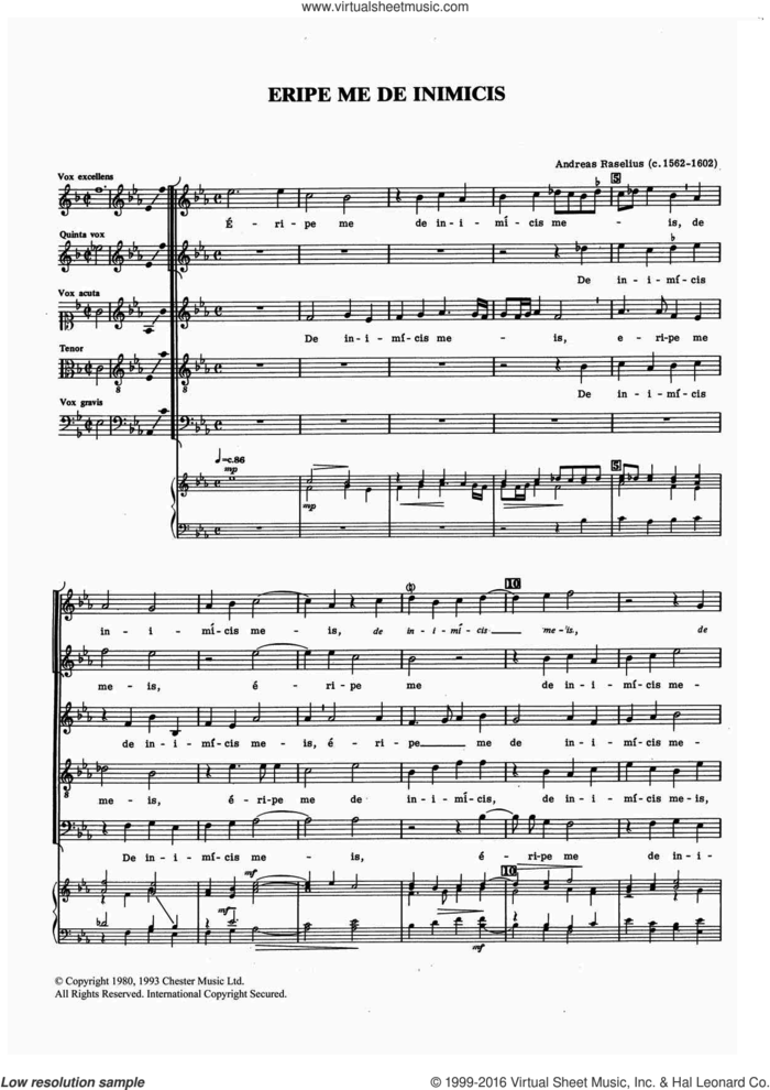 Eripe Me De Inimicis sheet music for voice, piano or guitar by Andreas Raselius, classical score, intermediate skill level