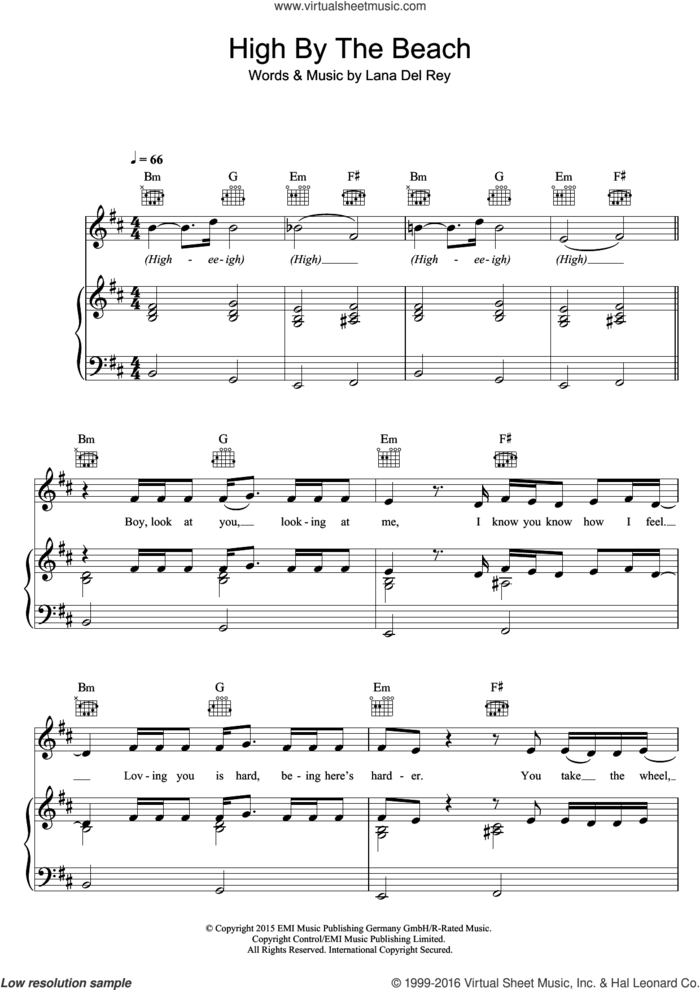 High By The Beach sheet music for voice, piano or guitar by Lana Del Rey, intermediate skill level