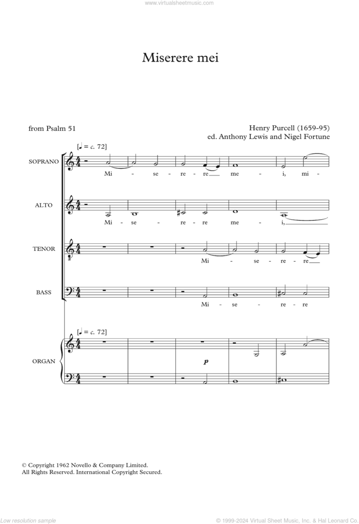 Miserere Mei sheet music for choir by Henry Purcell, Anthony Lewis and Nigel Fortune, classical score, intermediate skill level