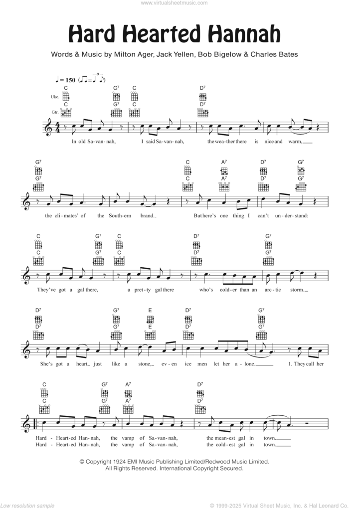 Hard Hearted Hannah sheet music for ukulele by Cliff Edwards, Bob Bigelow, Charles Bates, Jack Yellen and Milton Ager, intermediate skill level