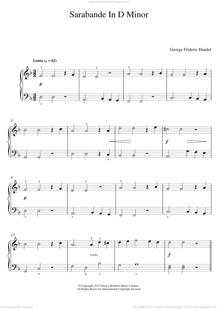 Sarabande (from Harpsichord Suite in D Minor) sheet music for voice, piano or guitar by George Frideric Handel, classical score, intermediate skill level
