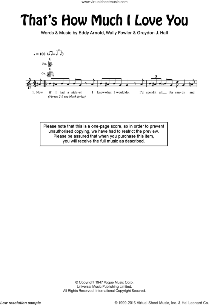 That's How Much I Love You sheet music for ukulele by Eddy Arnold, Graydon J. Hall and Wally Fowler, intermediate skill level