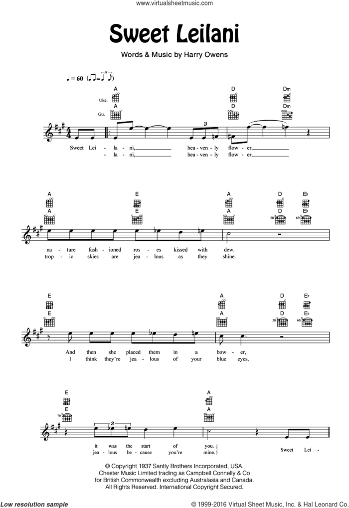 Sweet Leilani sheet music for ukulele by Bing Crosby and Harry Owens, intermediate skill level