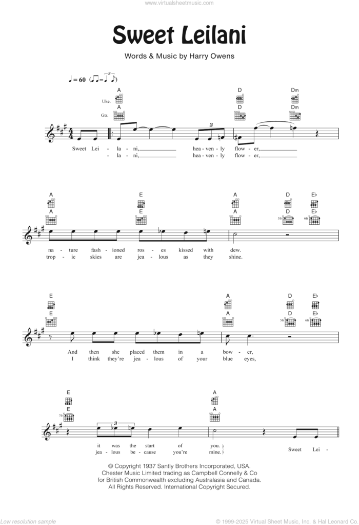 Sweet Leilani sheet music for ukulele by Bing Crosby and Harry Owens, intermediate skill level