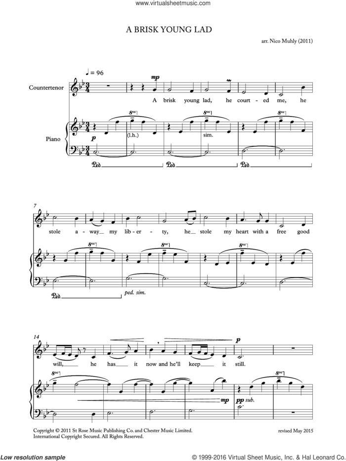 A Brisk Young Lad (from 'Four Traditional Songs') sheet music for voice and piano by Nico Muhly, classical score, intermediate skill level