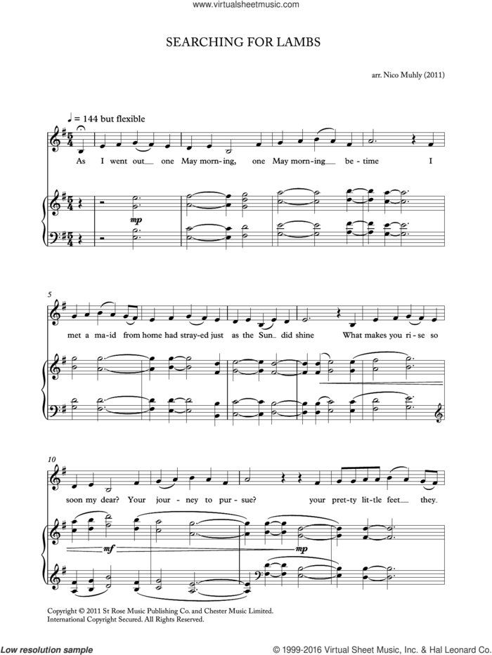 Searching For Lambs (from 'Four Traditional Songs') sheet music for voice and piano by Nico Muhly, classical score, intermediate skill level