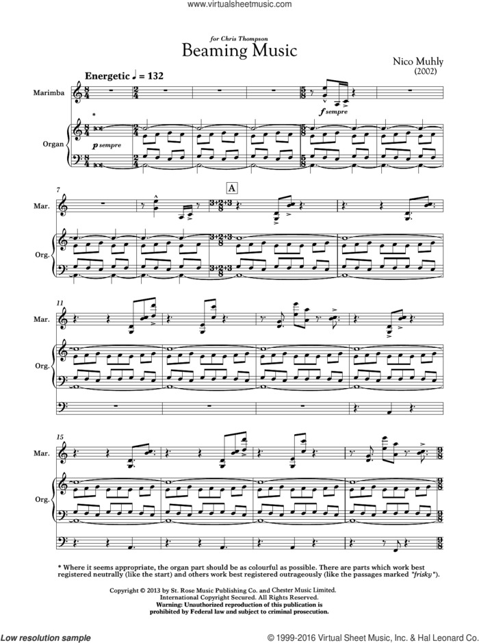 Beaming Music (for Marimba and Organ) sheet music for marimba and organ by Nico Muhly, classical score, intermediate skill level