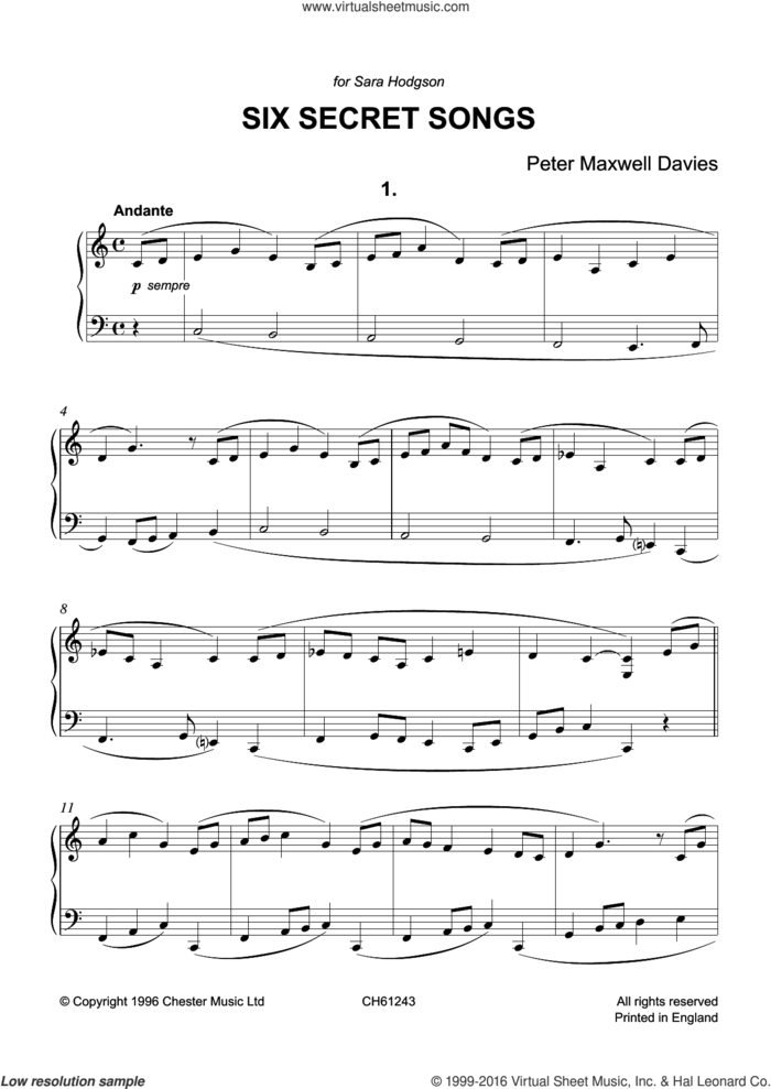 Six Secret Songs sheet music for piano solo by Peter Maxwell Davies, classical score, intermediate skill level