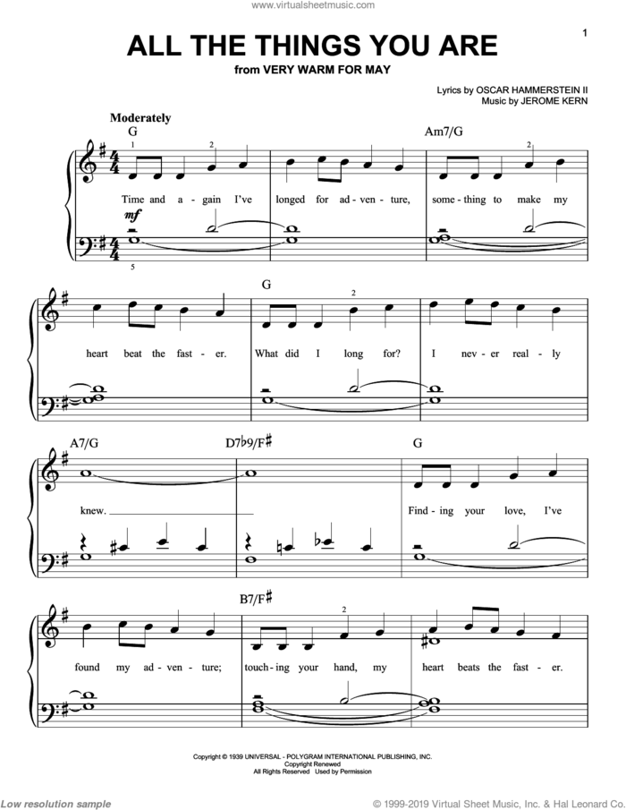 All The Things You Are sheet music for piano solo by Jerome Kern and Oscar II Hammerstein, wedding score, easy skill level