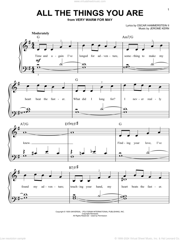 All The Things You Are, (easy) sheet music for piano solo by Jerome Kern and Oscar II Hammerstein, wedding score, easy skill level