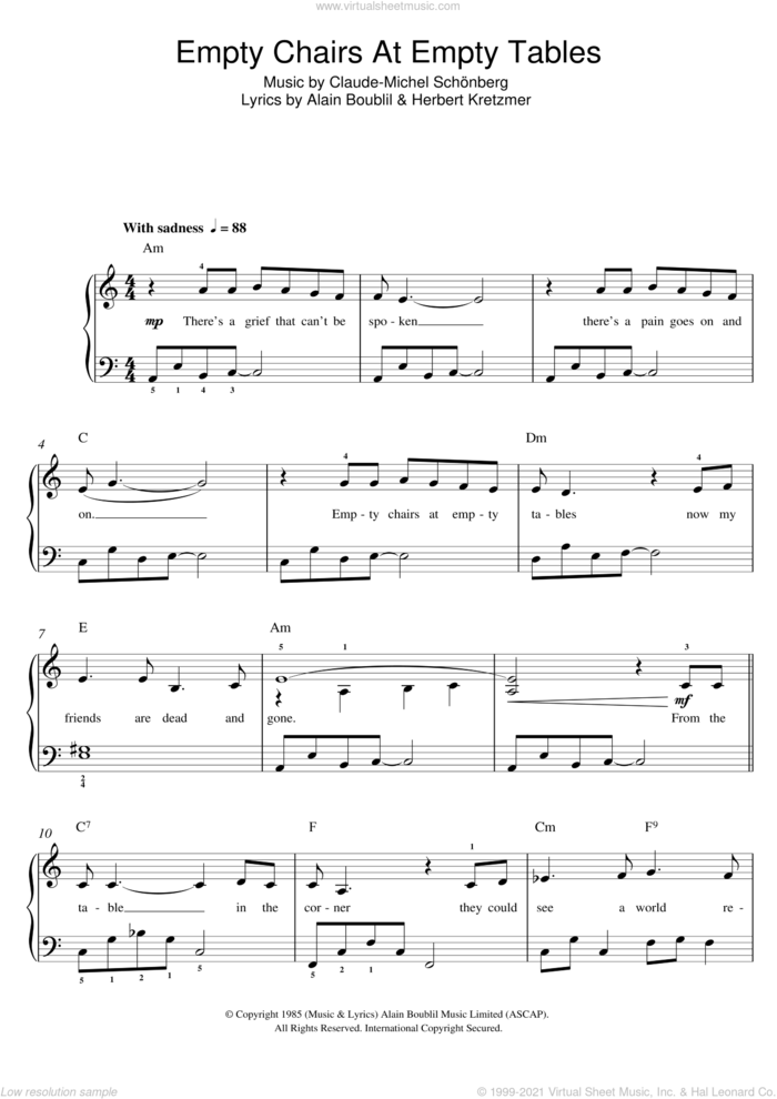 Empty Chairs At Empty Tables (from Les Miserables) sheet music for piano solo (beginners) by Boublil and Schonberg, Alain Boublil, Claude-Michel Schonberg and Herbert Kretzmer, beginner piano (beginners)