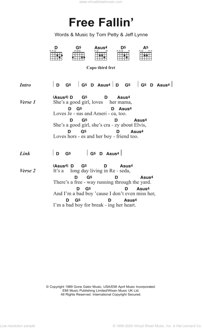 Free Fallin' sheet music for guitar (chords) by Tom Petty and Jeff Lynne, intermediate skill level