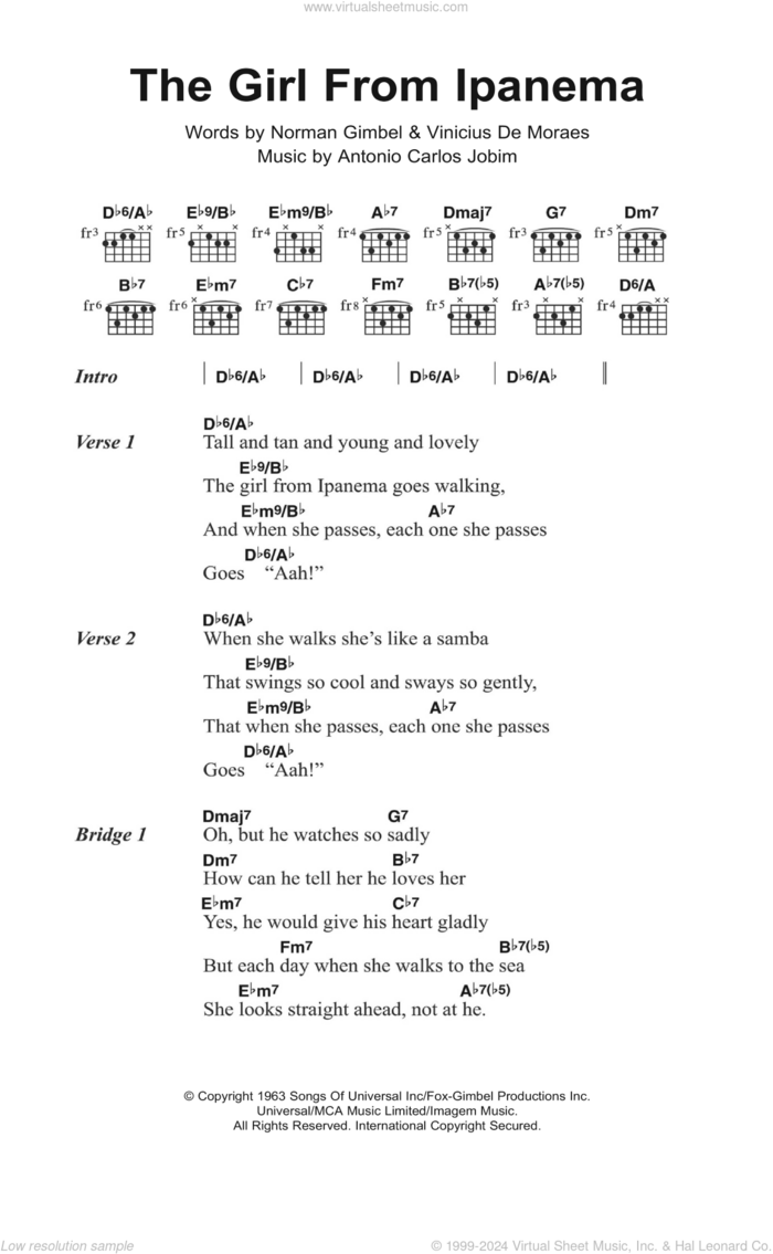 The Girl From Ipanema (featuring Astrud Gilberto) sheet music for guitar (chords) by Joao Gilberto, Astrud Gilberto, Stan Getz, Antonio Carlos Jobim, Norman Gimbel and Vinicius de Moraes, intermediate skill level