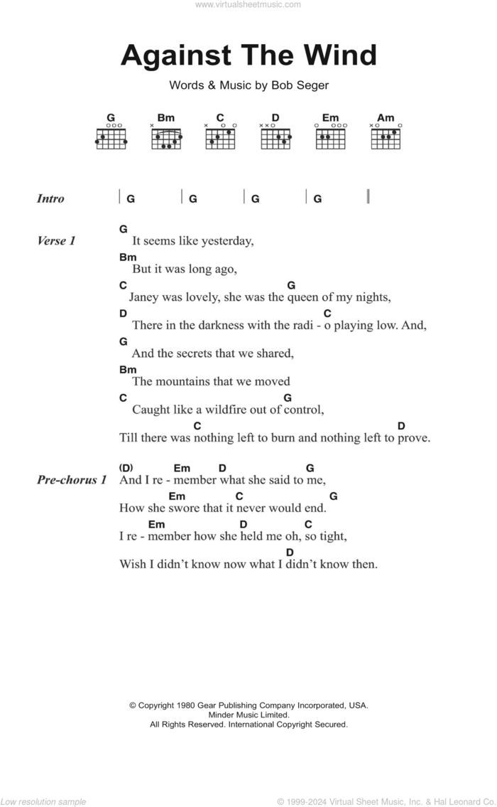 Against The Wind sheet music for guitar (chords) by Bob Seger and the Silver Bullet Band and Bob Seger, intermediate skill level