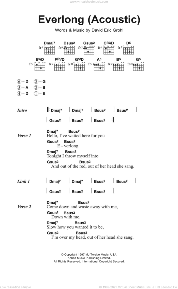 Everlong (Acoustic version) sheet music for guitar (chords) by Foo Fighters and David Eric Grohl, intermediate skill level