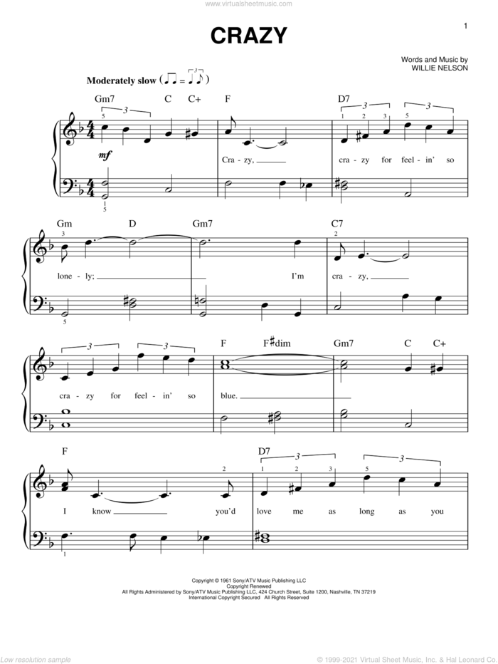 Crazy, (beginner) sheet music for piano solo by Willie Nelson and Patsy Cline, beginner skill level