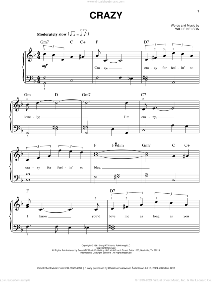 Crazy, (beginner) sheet music for piano solo by Willie Nelson and Patsy Cline, beginner skill level