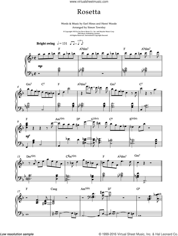 Rosetta sheet music for piano solo by Earl Hines and Henri Woode, intermediate skill level