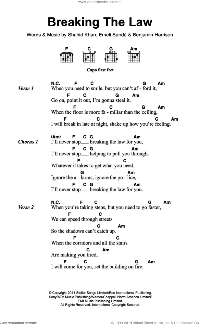 Breaking The Law sheet music for guitar (chords) by Emeli Sande, Benjamin Harrison and Shahid Khan, intermediate skill level