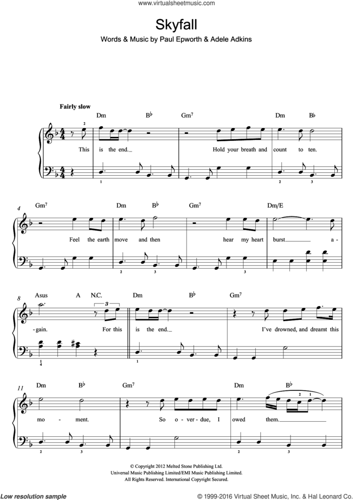 Skyfall (from the Motion Picture Skyfall) sheet music for voice, piano or guitar by Adele, Adele Adkins and Paul Epworth, intermediate skill level