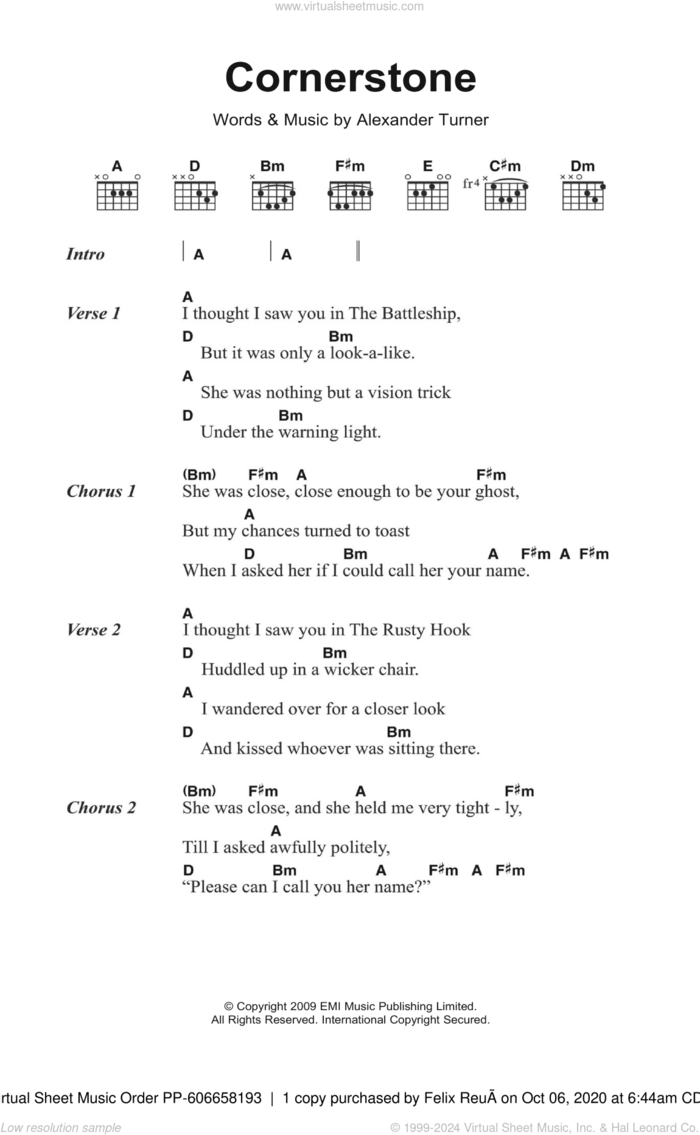 Cornerstone sheet music for guitar (chords) by Arctic Monkeys and Alexander Turner, intermediate skill level