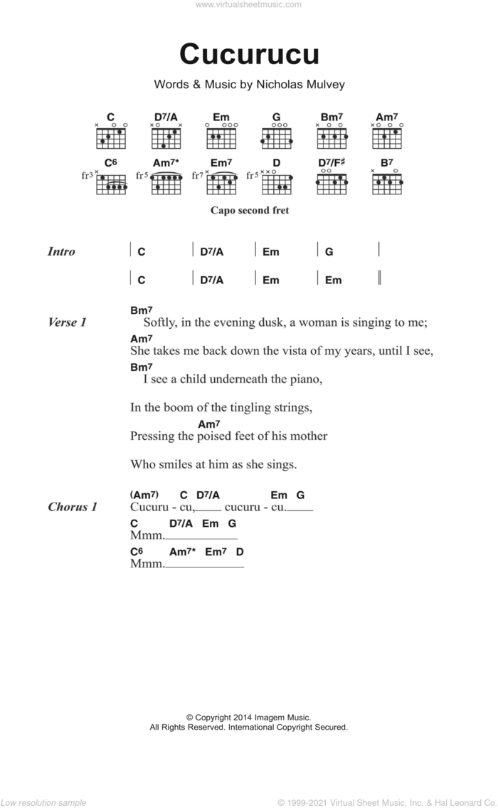 Cucurucu sheet music for guitar (chords) by Nick Mulvey and Nicholas Mulvey, intermediate skill level