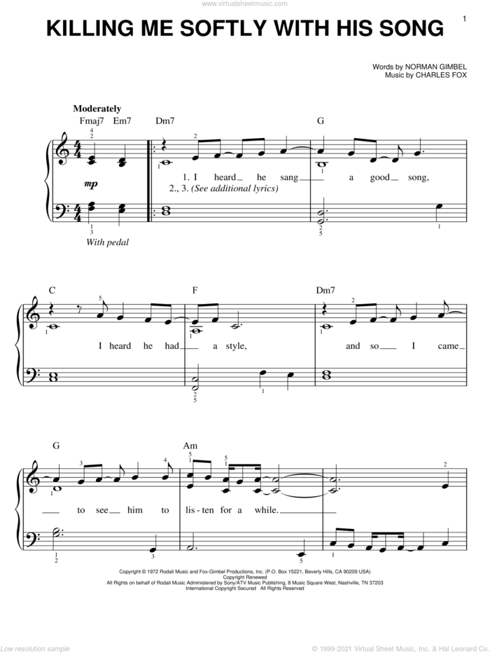Killing Me Softly With His Song sheet music for piano solo by Roberta Flack, The Fugees, Charles Fox and Norman Gimbel, easy skill level