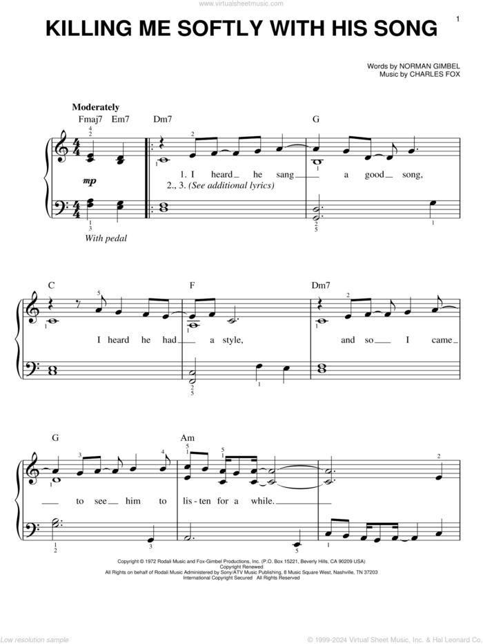 Killing Me Softly With His Song, (easy) sheet music for piano solo by Roberta Flack, The Fugees, Charles Fox and Norman Gimbel, easy skill level