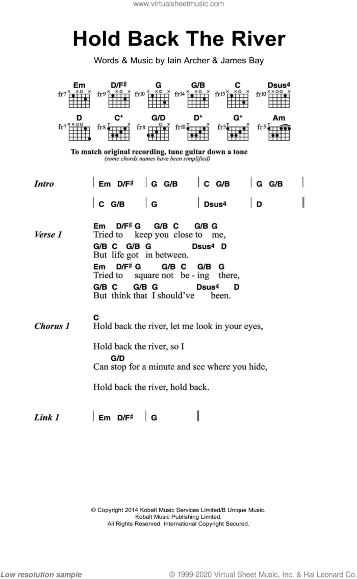 Hold Back The River sheet music for guitar (chords) by James Bay and Iain Archer, intermediate skill level