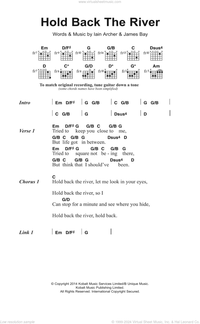 Hold Back The River sheet music for guitar (chords) by James Bay and Iain Archer, intermediate skill level