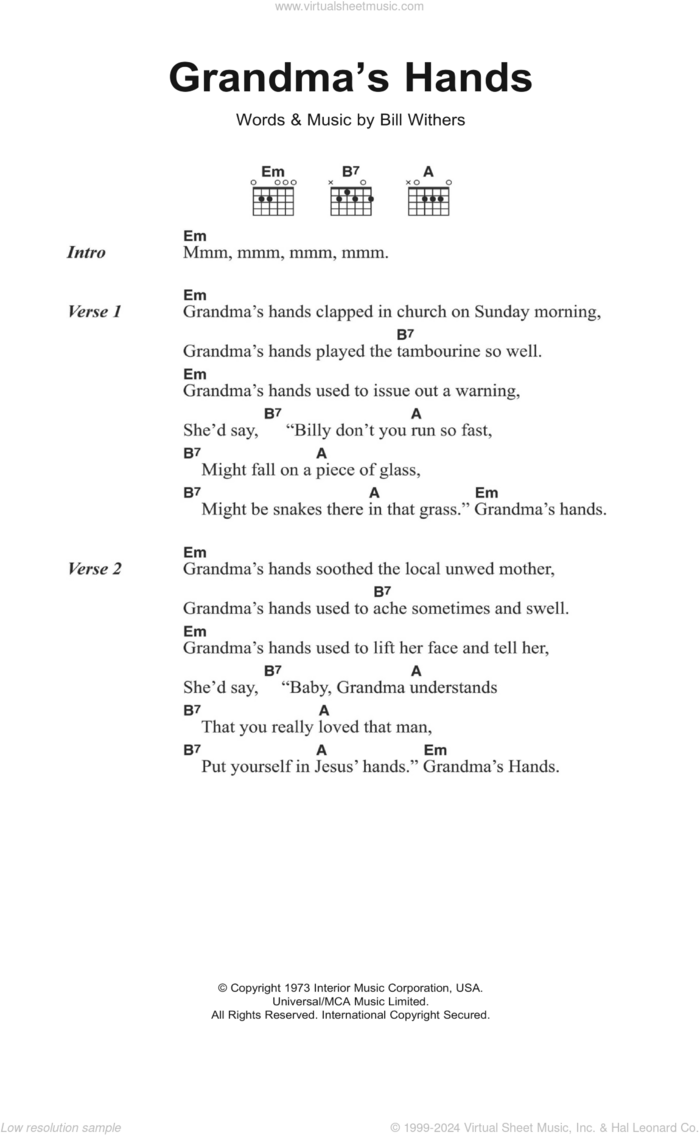 Grandma's Hands sheet music for guitar (chords) by Bill Withers, intermediate skill level