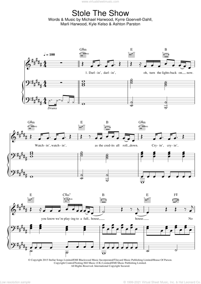 Stole The Show (featuring Parson James) sheet music for voice, piano or guitar by Kygo, Parson James, Ashton Parston, Kyle Kelso, Kyrre Goervell-Dahll, Marli Harwood and Michael Harwood, intermediate skill level