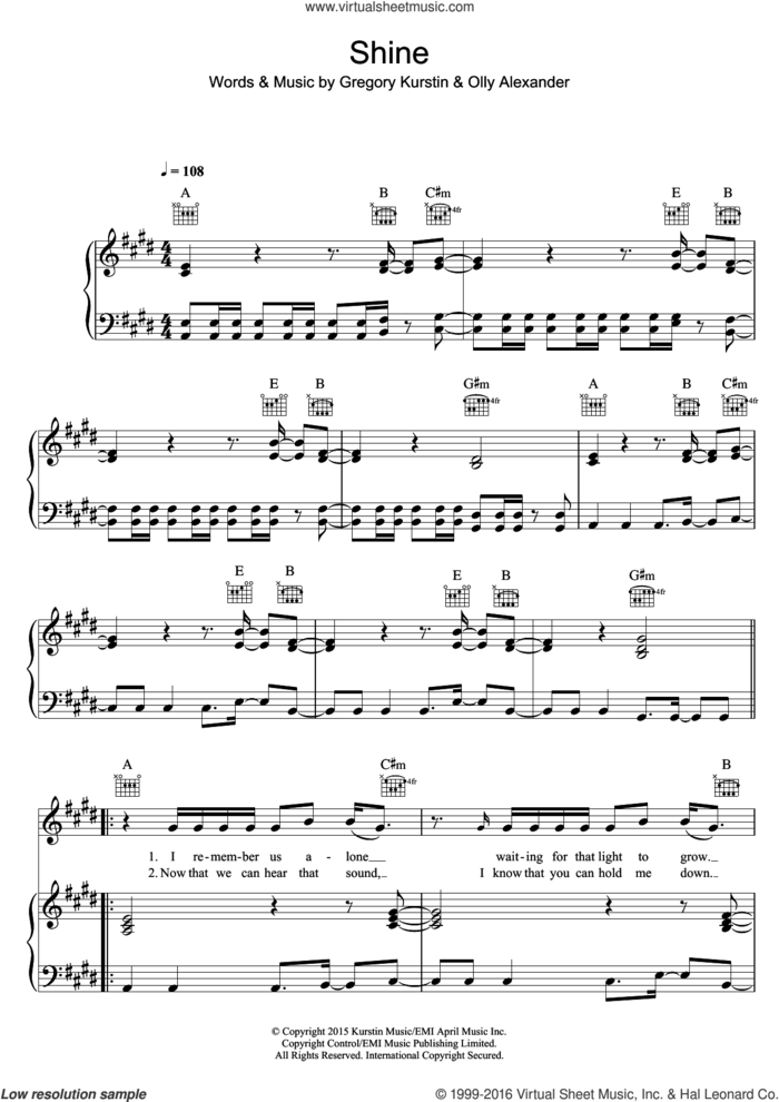 Shine sheet music for voice, piano or guitar by Years & Years, Gregory Kurstin and Olly Alexander, intermediate skill level