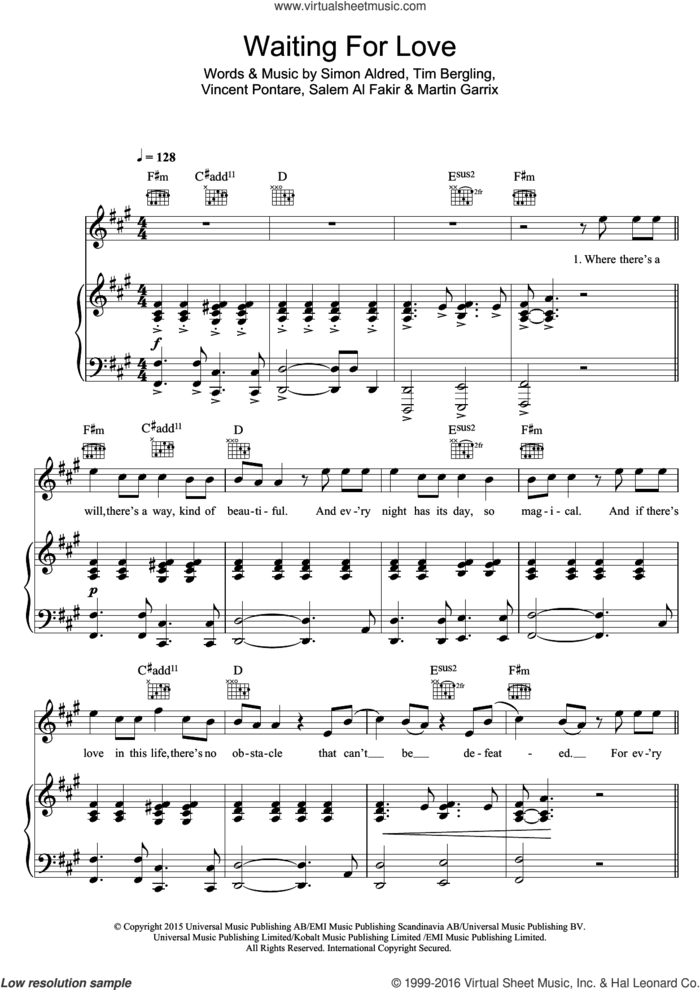 Waiting For Love sheet music for voice, piano or guitar by Avicii, Martin Garrix, Salem Al Fakir, Simon Aldred, Tim Bergling and Vincent Pontare, intermediate skill level